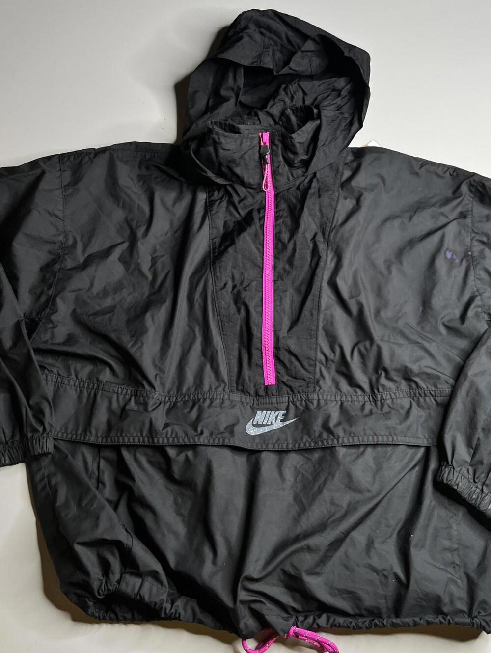 Nike Jacket Womens Medium Black 1/2‎ Zip Hooded Windbreaker Pink Swoosh Logo